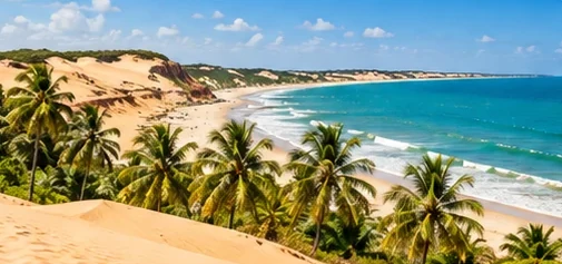 Dunas, coqueiros e mar no litoral do Ceará.