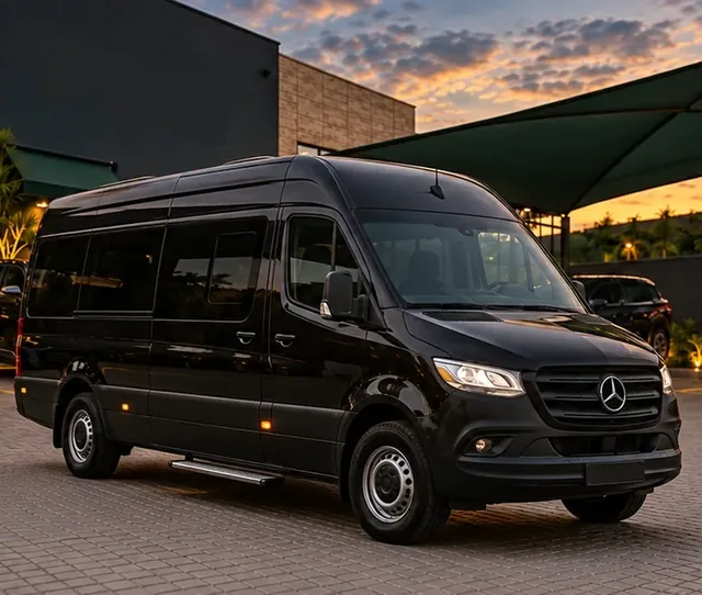 Van Mercedes-Benz Sprinter preta estacionada diante de uma fachada.