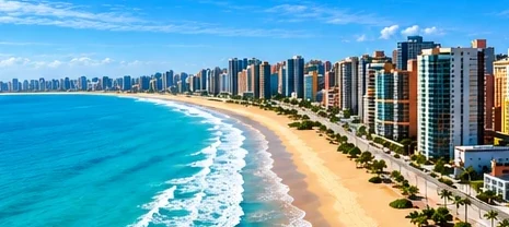 Orla da Beira-Mar de Fortaleza com prédios e praia.