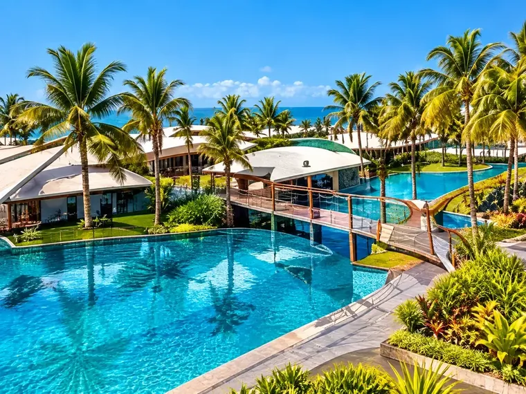 Piscina, ponte e coqueiros do resort Dom Pedro Laguna, com o mar ao fundo.