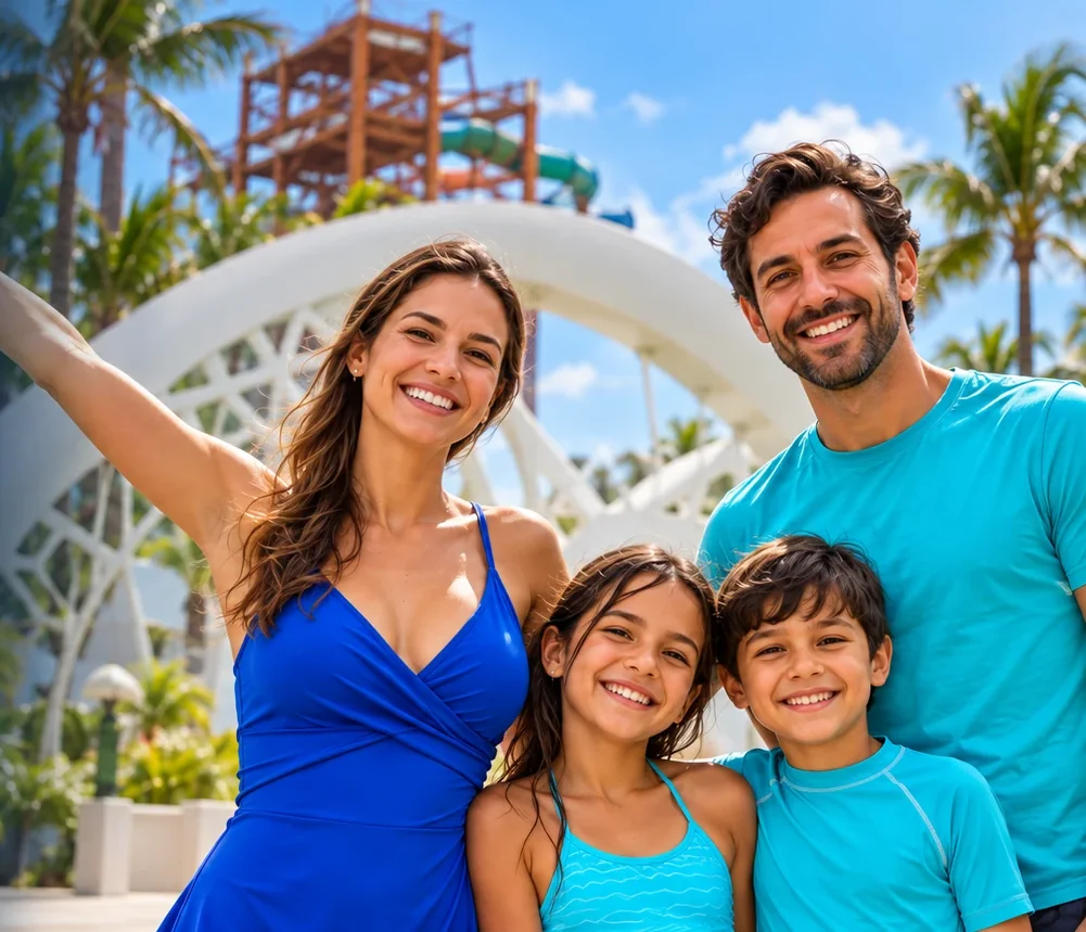 Família sorrindo em um parque aquático, com toboáguas e palmeiras ao fundo.
