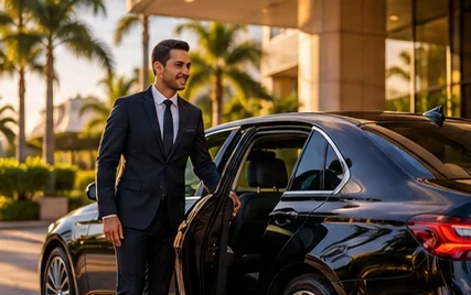 Motorista de terno abre a porta traseira de um sedã preto diante de um hotel.