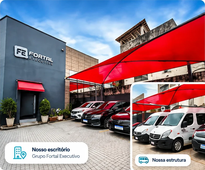 Fachada do escritório do Grupo Fortal Executivo, com toldos vermelhos e carros estacionados.